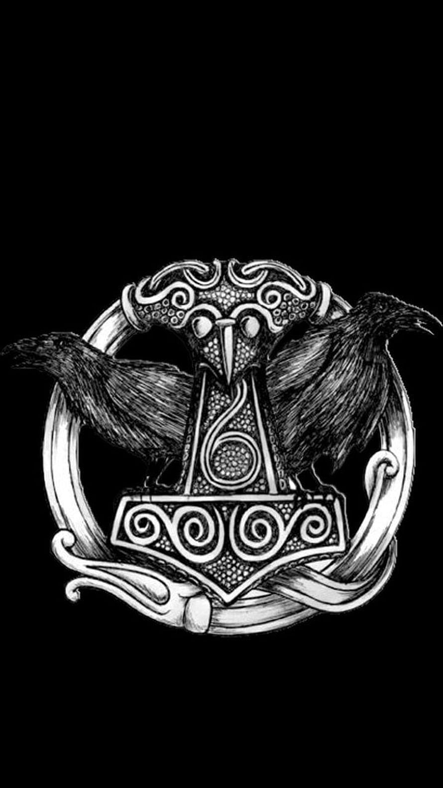 Intricate Norse Pagan Raven and Knotwork Emblem on Black Background HD phone wallpaper