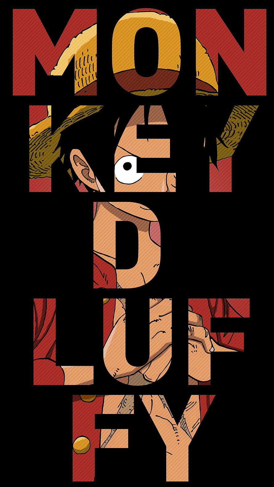 Monkey D. Luffy One Piece Anime Typography Artwork with Bold Red Lettering on Black Background HD phone wallpaper