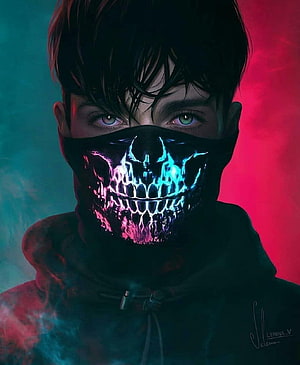 Digital Art Portrait of Young Man Wearing Glowing Neon Skull Mask, Cool Anime Boy With Face Mask - Novocom.top HD phone wallpaper