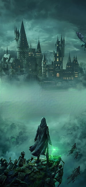 Hogwarts Legacy Dark Wizard Standing on Cliff Above Misty Castle with Green Magic HD phone wallpaper