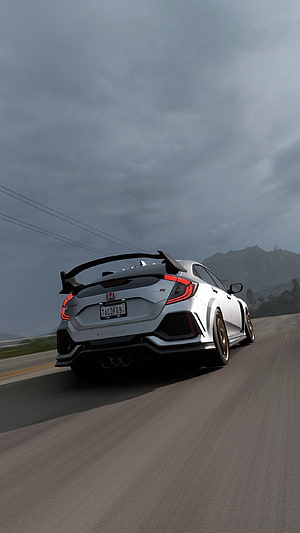 White Honda Civic Type R Rear View on Open Road Under Overcast Sky HD phone wallpaper