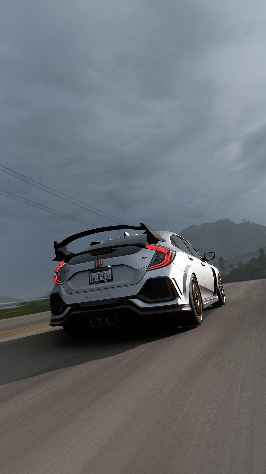 White Honda Civic Type R Rear View on Open Road Under Overcast Sky HD phone wallpaper