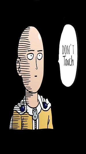 Saitama from One Punch Man in a minimalist comic style with a speech bubble on a black background HD phone wallpaper