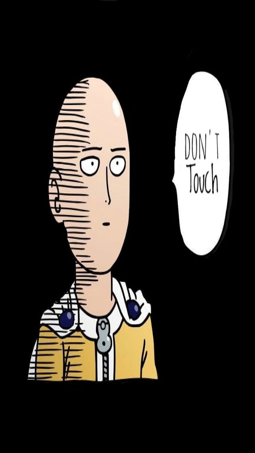 Saitama from One Punch Man in a minimalist comic style with a speech bubble on a black background HD phone wallpaper