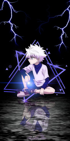 Killua Zoldyck from Hunter x Hunter Sitting in Water with Lightning and Geometric Shapes HD phone wallpaper