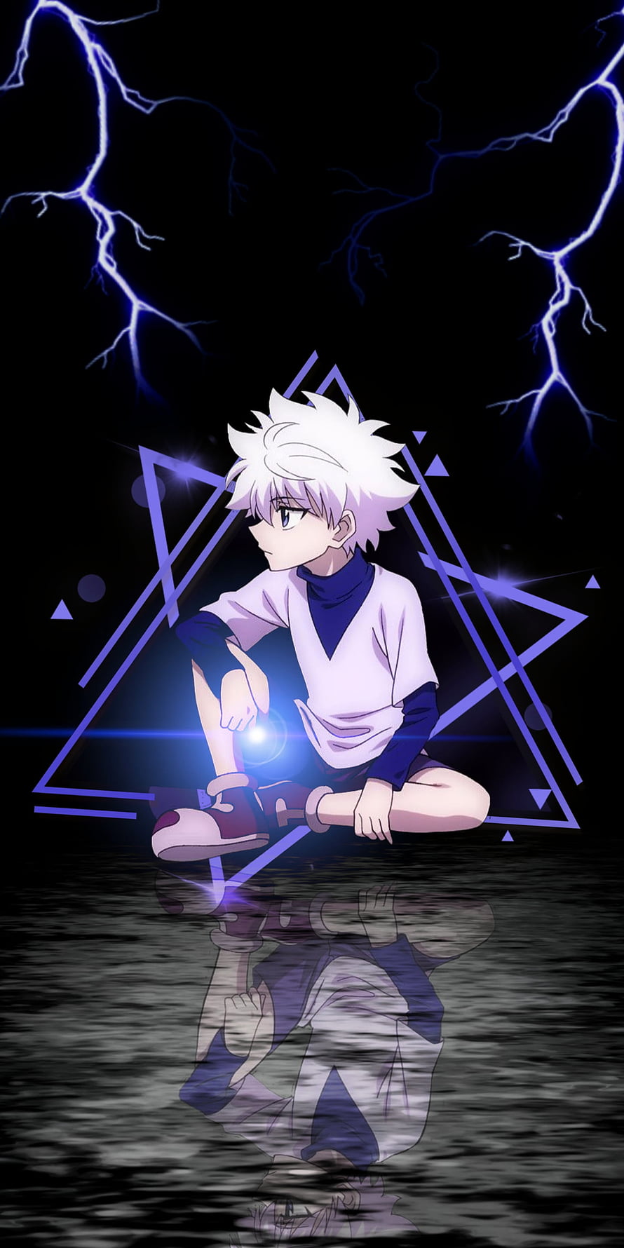 Killua Zoldyck from Hunter x Hunter Sitting in Water with Lightning and Geometric Shapes HD phone wallpaper