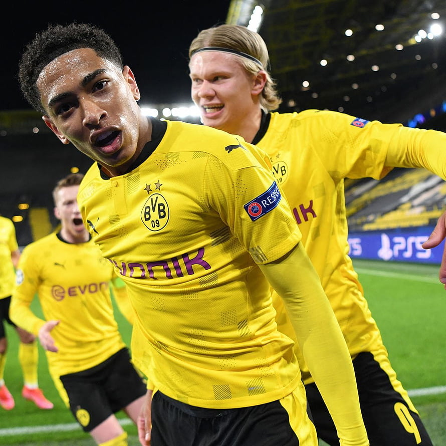 Jude Bellingham and Erling Haaland Celebrating in Borussia Dortmund Yellow Kit HD phone wallpaper