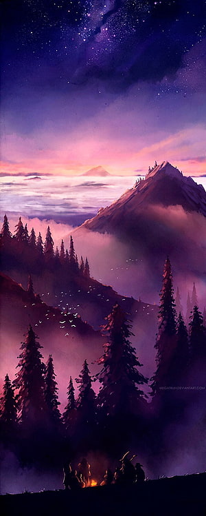 Misty Mountain Peaks and Pine Forest at Twilight with Campfire Silhouettes HD phone wallpaper