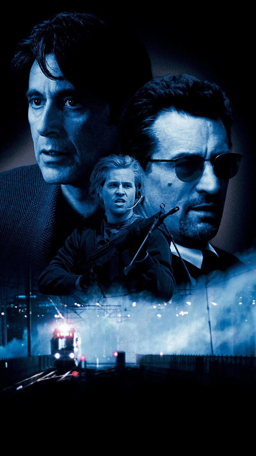 Heat 1995 Movie Poster Featuring Al Pacino, Val Kilmer, and Robert De Niro in a Dark Blue Cinematic Collage HD phone wallpaper