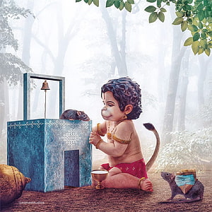 Baby Hanuman with Rats in Misty Forest Concept Art HD phone wallpaper