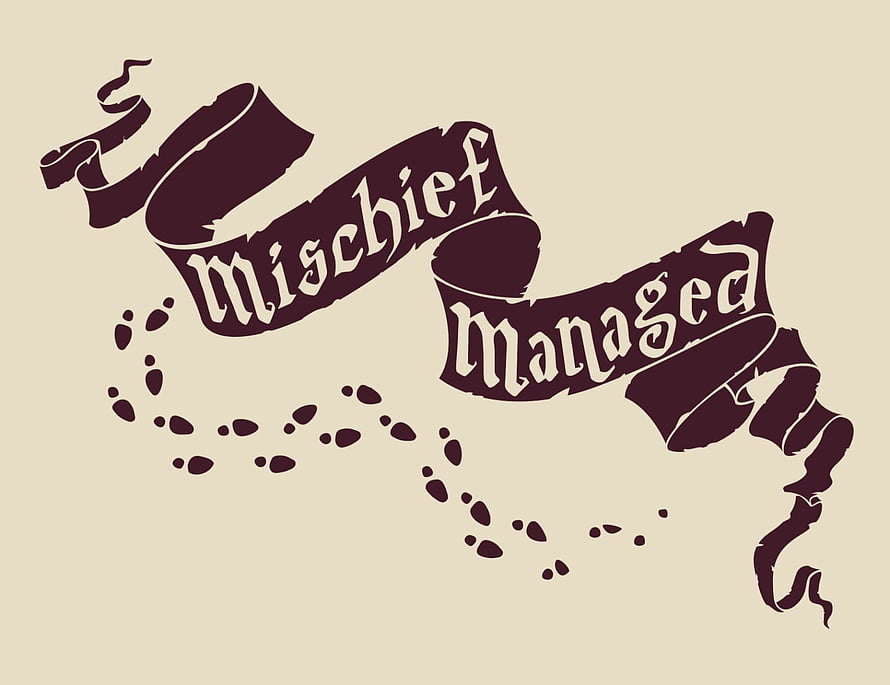 Harry Potter Mischief Managed Calligraphy Banner with Footprints on Beige Background HD wallpaper