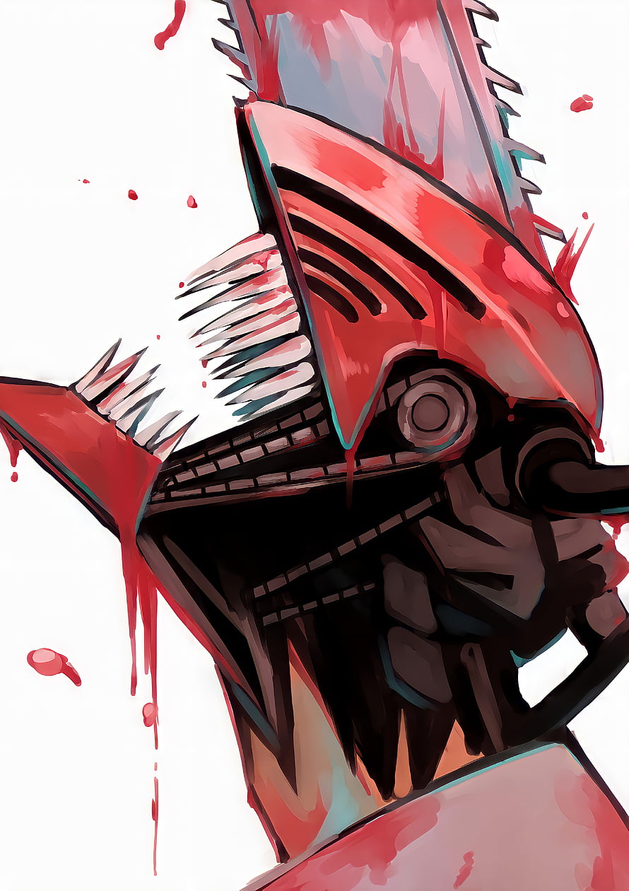 Chainsaw Man Denji Head Profile with Blood Splatter and Red Mechanical Jaw HD phone wallpaper
