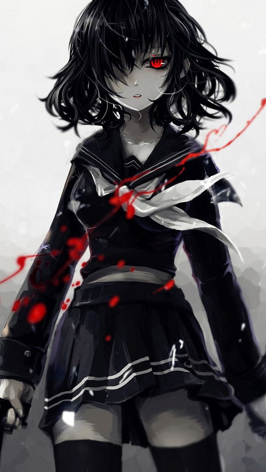 Dark Anime Girl in Black Sailor Uniform with Red Eyes and Blood Splatter HD phone wallpaper
