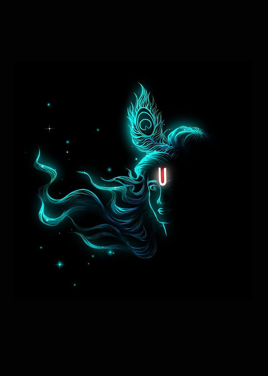 Glowing Krishna Profile with Peacock Feather Crown and Flowing Hair on Black Background HD phone wallpaper