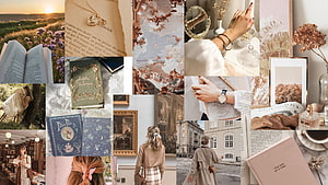Light Academia Aesthetic Vision Board Featuring Books, Vintage Interiors, and Soft Pastel Tones HD wallpaper