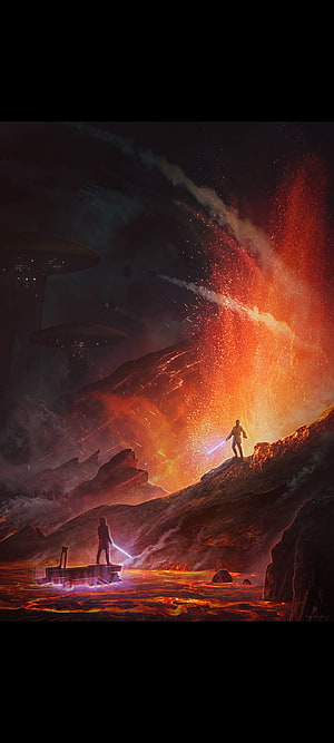 Star Wars Mustafar Duel Concept Art with Lightsabers and Volcanic Landscape HD phone wallpaper