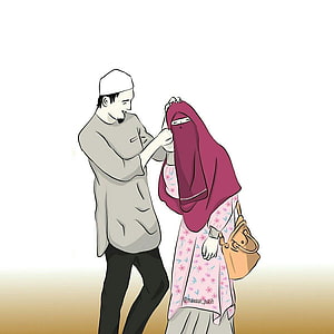 Hand-drawn illustration of a Muslim couple sharing a tender moment in modest attire HD phone wallpaper
