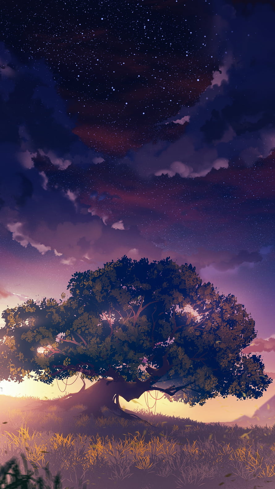 Genshin Impact Landscape Artwork Featuring a Majestic Tree Under a Starry Night Sky HD phone wallpaper