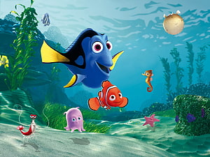 Finding Nemo Underwater Scene Featuring Dory, Nemo, and Ocean Friends in a Vibrant Coral Reef HD wallpaper