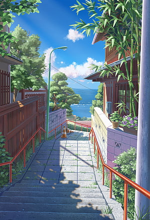 Sunny Japanese Coastal Street with Stone Steps and Bamboo in Anime Style HD phone wallpaper