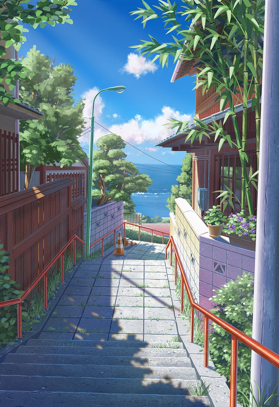 Sunny Japanese Coastal Street with Stone Steps and Bamboo in Anime Style HD phone wallpaper