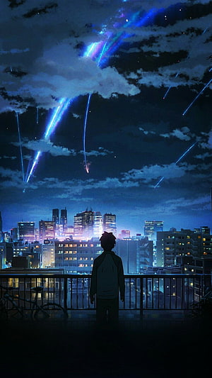 Anime Boy Watching Blue Meteor Shower Over City Skyline at Night HD phone wallpaper