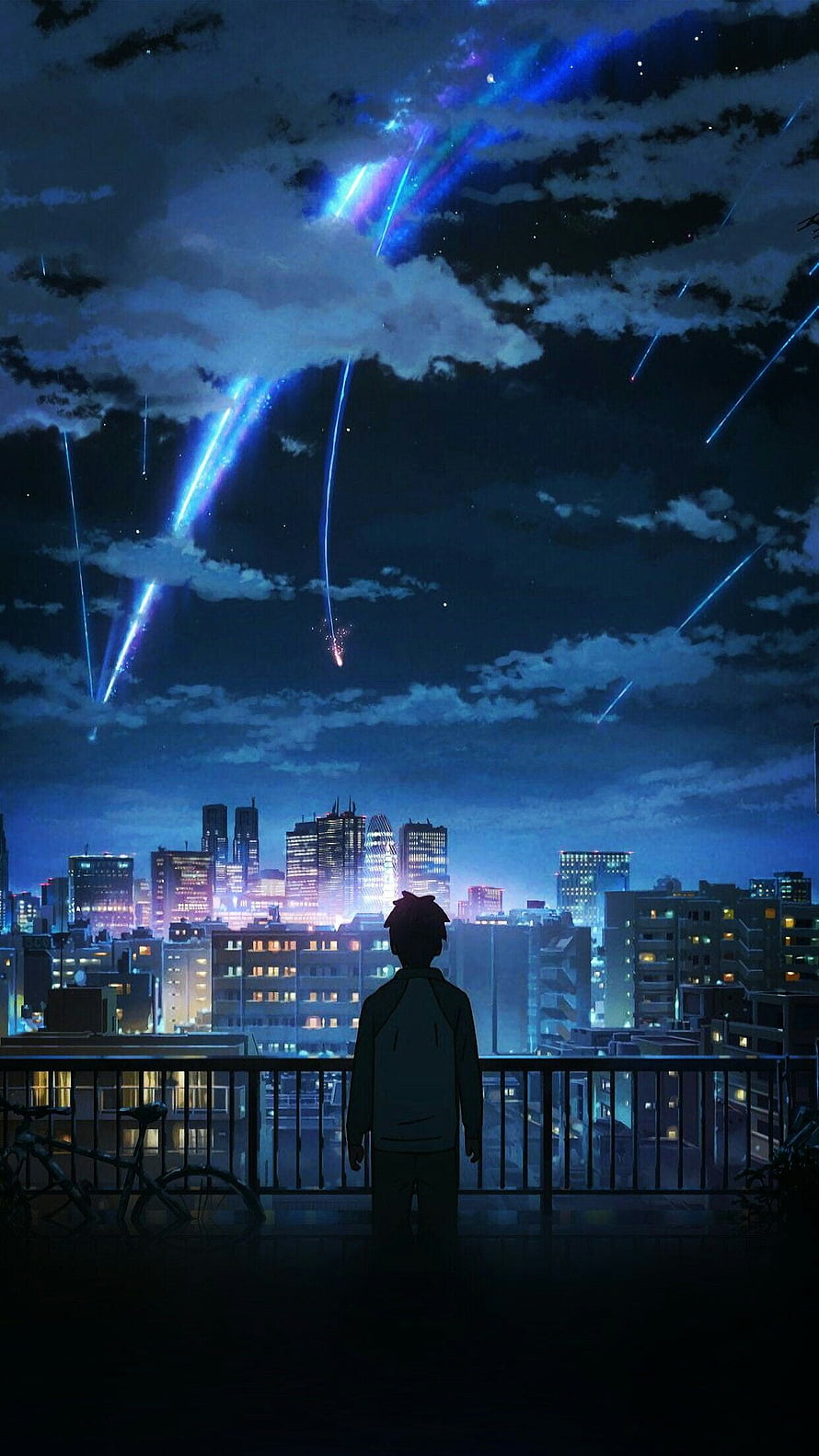 Anime Boy Watching Blue Meteor Shower Over City Skyline at Night HD phone wallpaper