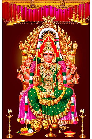 Sri Mariamman Deity Painting with Golden Ornaments and Traditional Attire HD phone wallpaper