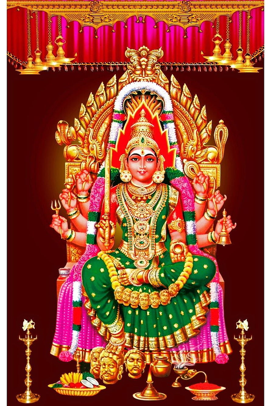 Sri Mariamman Deity Painting with Golden Ornaments and Traditional Attire HD phone wallpaper