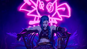 Jinx from League of Legends Sitting in a Neon-Lit Throne with Pink Glow HD wallpaper