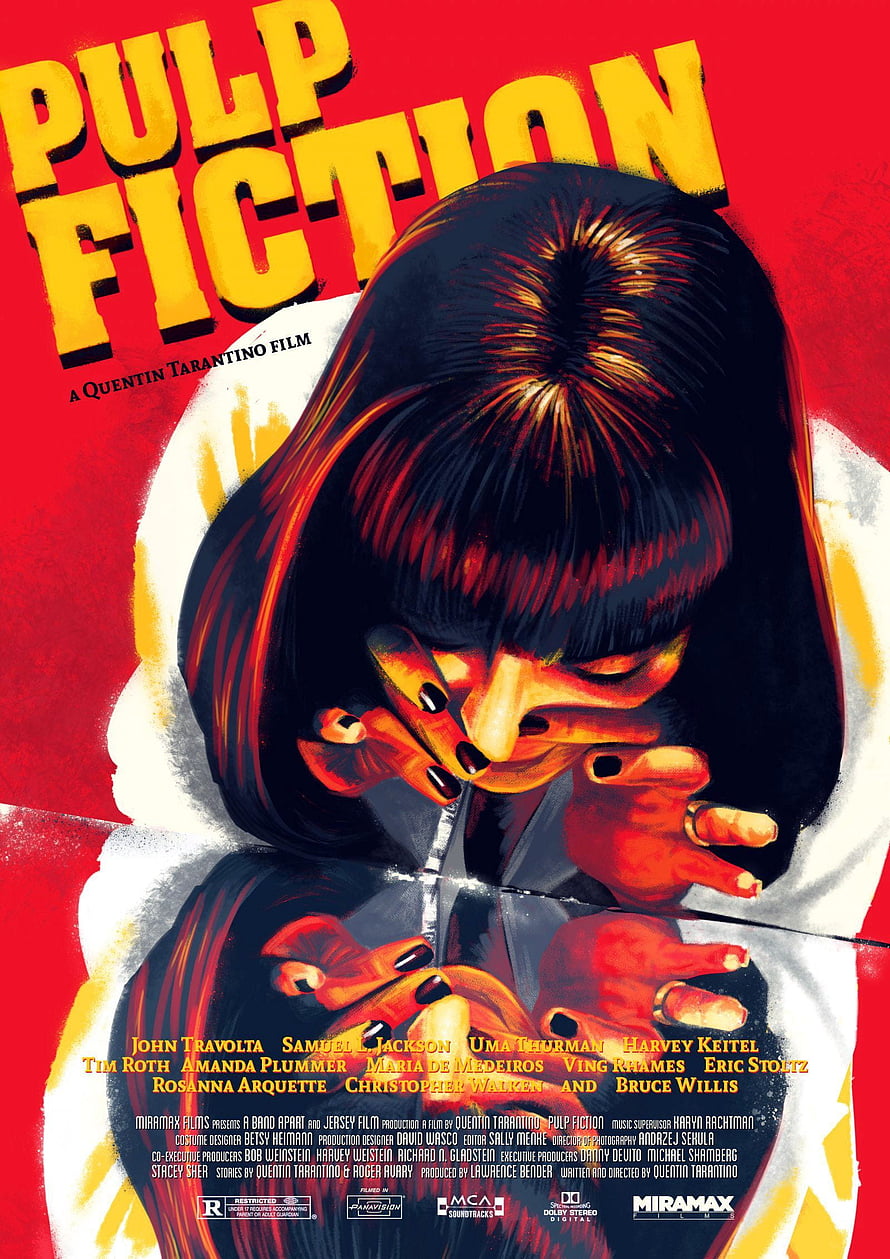 Pulp Fiction Movie Poster Featuring Uma Thurman in Iconic Red and Yellow Art Style HD phone wallpaper