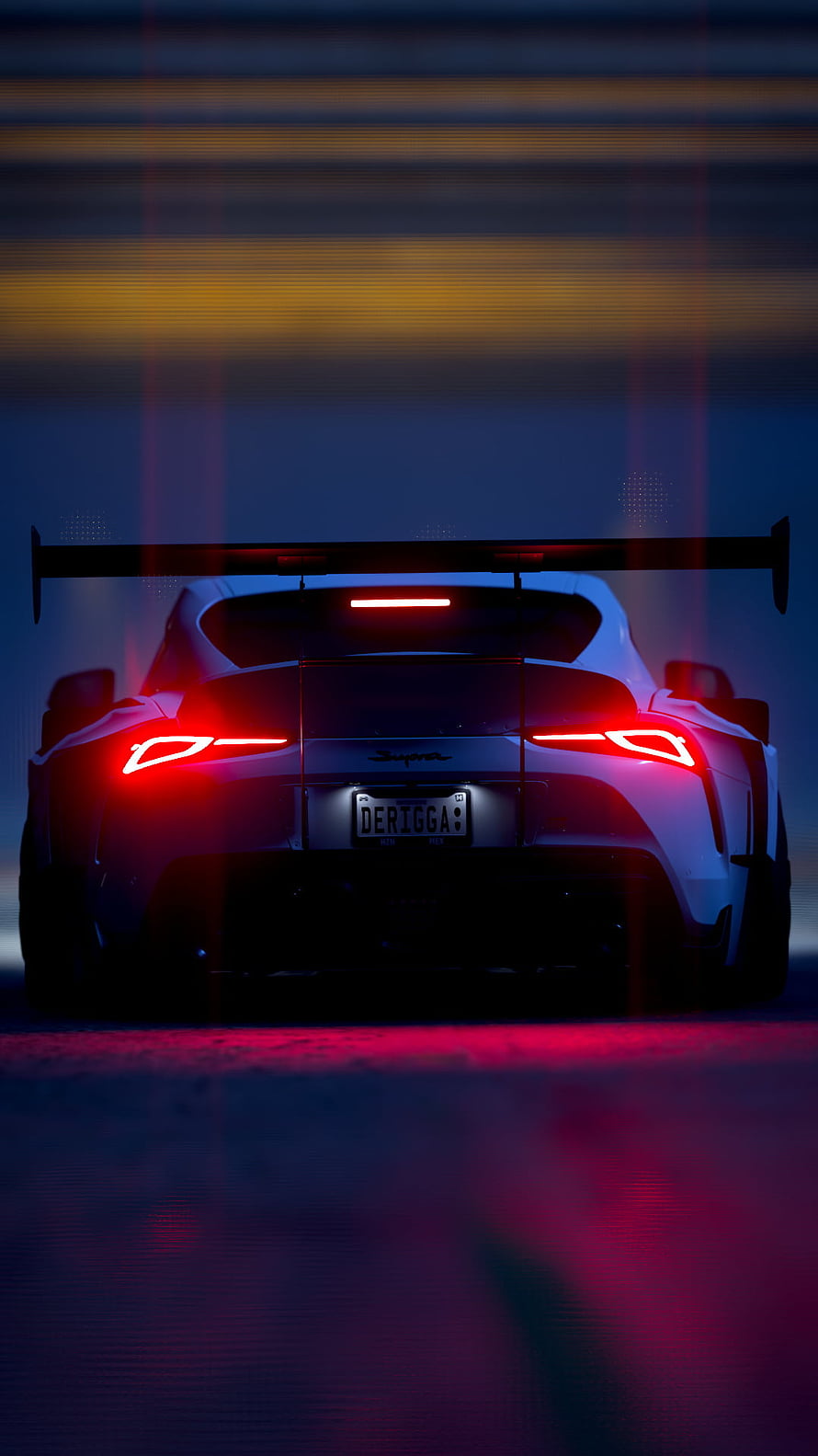 Rear View of a White Toyota Supra with Neon Taillights and Large Rear Wing at Night HD phone wallpaper