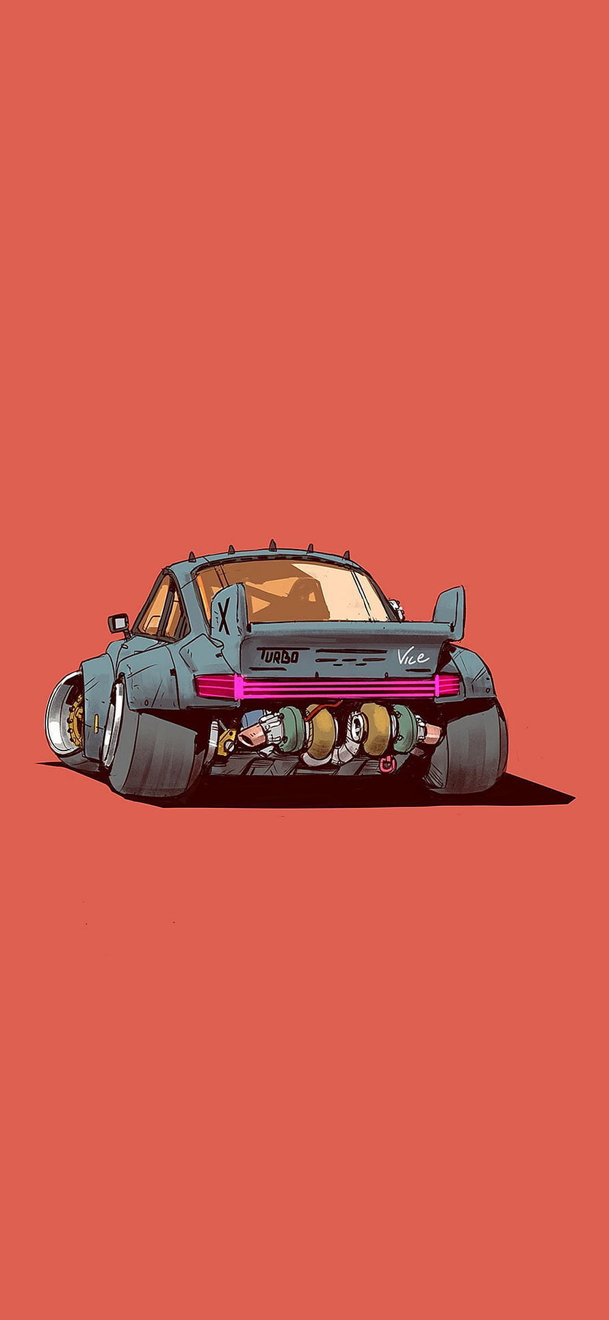 Stylized JDM Turbo Car Illustration with Neon Pink Taillights on Coral Background HD phone wallpaper