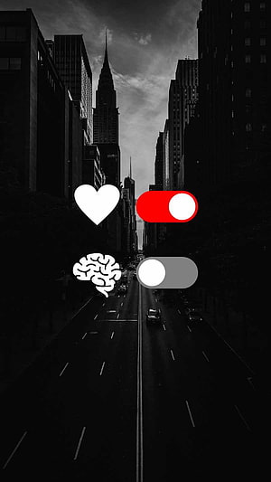 Heart Versus Brain Concept Over Black and White City Street HD phone wallpaper