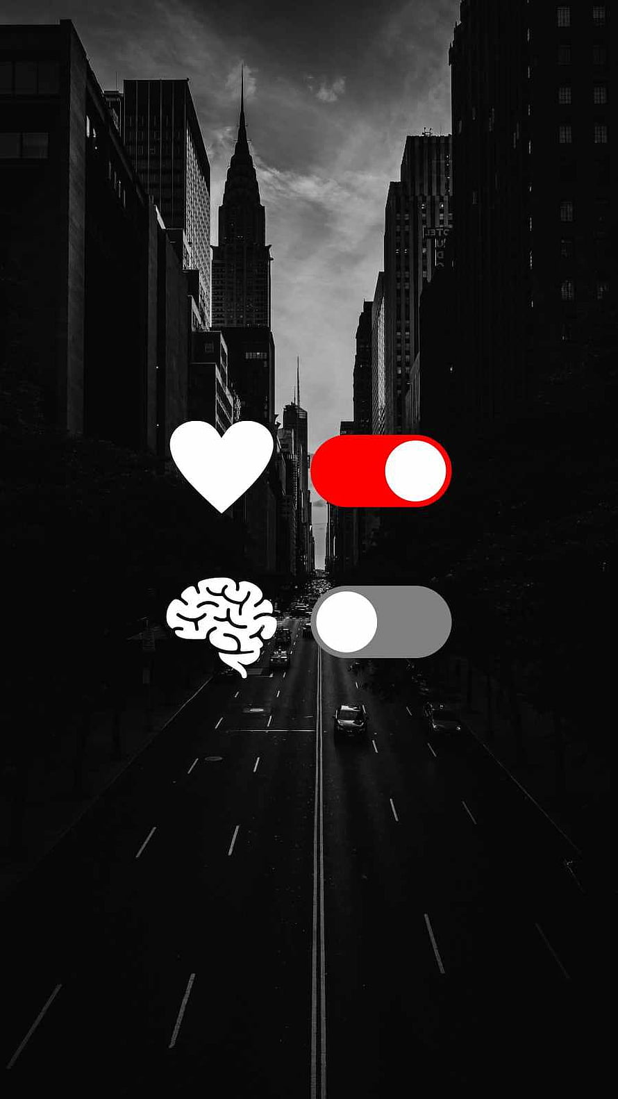 Heart Versus Brain Concept Over Black and White City Street HD phone wallpaper