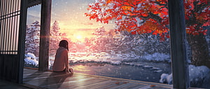 Anime Girl Sitting on Wooden Veranda Watching Snowy Japanese Landscape at Sunset HD wallpaper