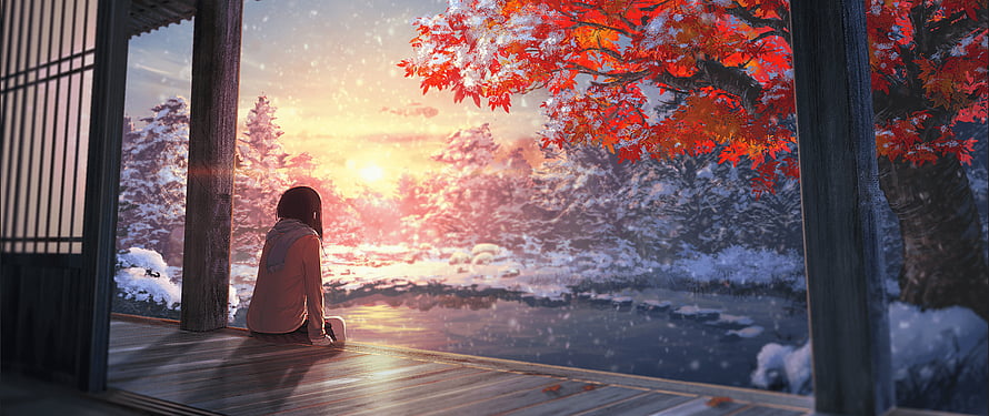 Anime Girl Sitting on Wooden Veranda Watching Snowy Japanese Landscape at Sunset HD wallpaper