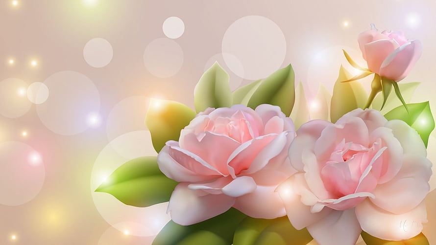 Delicate Pink Roses with Soft Green Leaves and Dreamy Bokeh Light Effects HD wallpaper