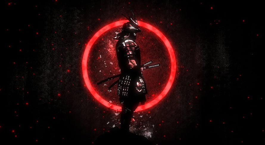 Dark Samurai Warrior Silhouette Against Glowing Red Circle HD wallpaper