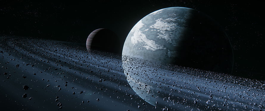 Star Citizen Yela System with Asteroid Belt and Distant Gas Giant in Deep Space HD wallpaper