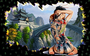 Anime Girl with Yakuza Back Tattoo in Japanese Temple Landscape HD wallpaper