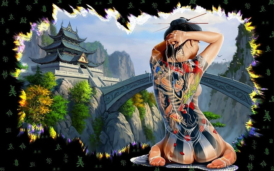 Anime Girl with Yakuza Back Tattoo in Japanese Temple Landscape HD wallpaper