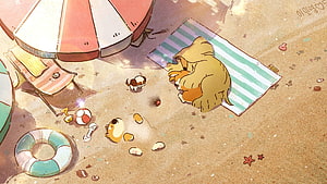 Cute Corgi Dogs Relaxing on a Sunny Beach with Umbrella and Toys HD wallpaper