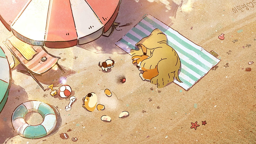 Cute Corgi Dogs Relaxing on a Sunny Beach with Umbrella and Toys HD wallpaper