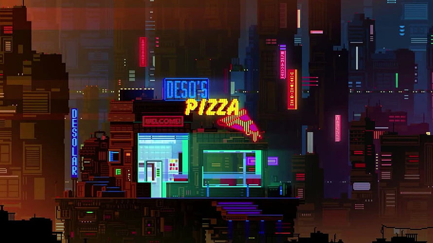 Neon-lit pixel art cyberpunk cityscape featuring a glowing pizza shop sign in a retro-futuristic urban night scene HD wallpaper