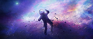 Astronaut Floating in a Vibrant Purple Nebula with Scattered Asteroids HD wallpaper