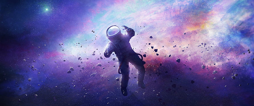 Astronaut Floating in a Vibrant Purple Nebula with Scattered Asteroids HD wallpaper