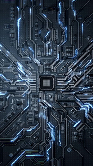 Glowing Blue Circuit Board with Central Processor Chip and Electric Traces HD phone wallpaper