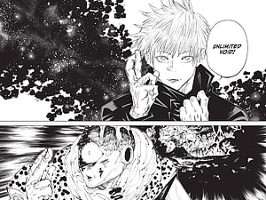 Jujutsu Kaisen Manga Panel Featuring Gojo Satoru and Sukuna in Black and White HD wallpaper