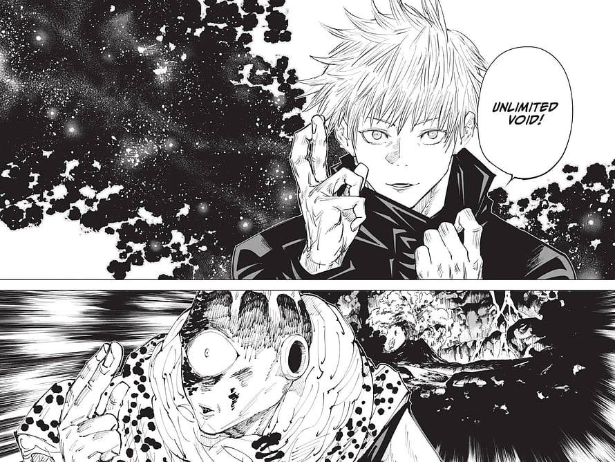 Jujutsu Kaisen Manga Panel Featuring Gojo Satoru and Sukuna in Black and White HD wallpaper